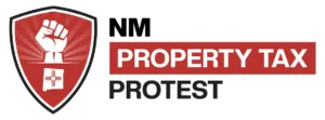 NM Property Tax Protest logo featuring a raised fist inside a shield with the Zia symbol
