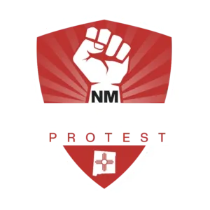 Badge logo for New Mexico Property Tax Protest Service featuring a raised fist, shield, and Zia symbol