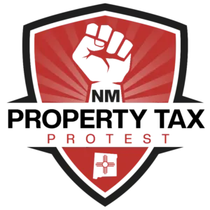 New Mexico Property Tax Protest Service – Badge Logo Badge logo for New Mexico Property Tax Protest Service featuring a raised fist, shield, and Zia symbol