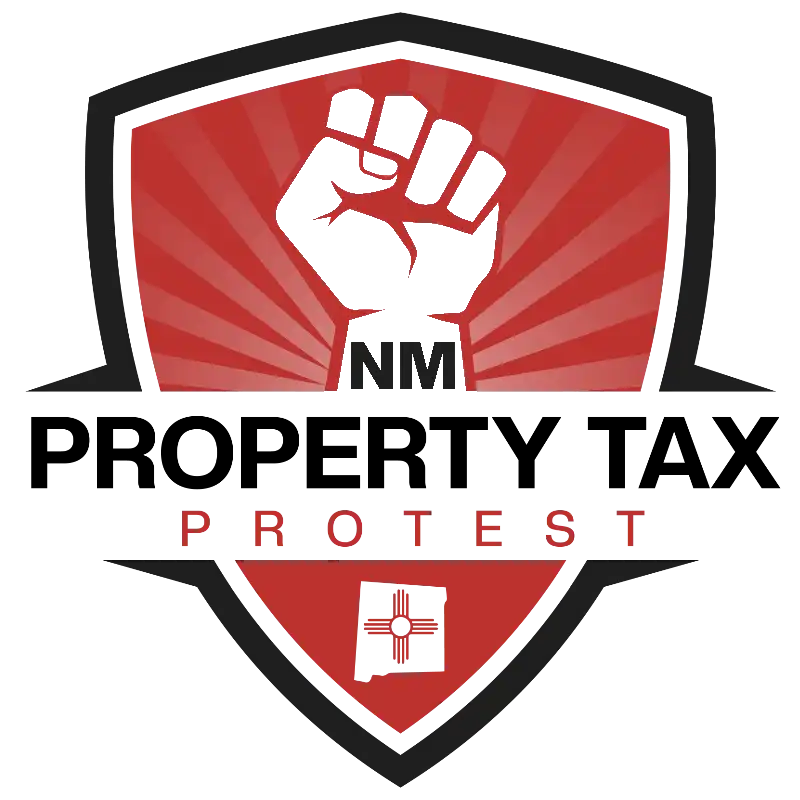 Badge logo for New Mexico Property Tax Protest Service featuring a raised fist, shield, and Zia symbol