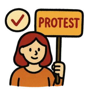 Cartoon woman holding a protest sign with a checkmark, representing DIY property tax protests in NM