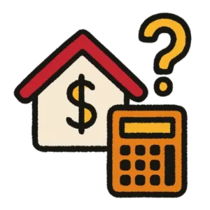 Cartoon icon of a house with a dollar sign, calculator, and question mark representing NM property tax calculation