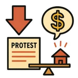Cartoon of protest form, dollar sign, and house on scale symbolizing how NM Property Tax Protest reduces valuations