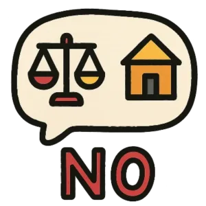 Cartoon icon showing a scale and house with "NO" text, indicating NM Property Tax Protest is not a law or appraisal firm