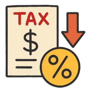 Cartoon of a tax form, percentage symbol, and downward arrow representing performance-based protest fee in NM
