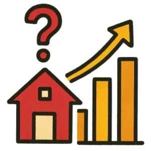 Illustration of a house, rising bar graph, and question mark representing concerns about property tax increases