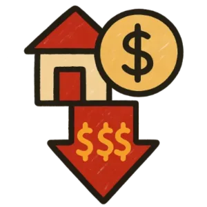Cartoon image of a house, dollar symbol, and downward arrow with dollar signs, representing property tax savings in NM