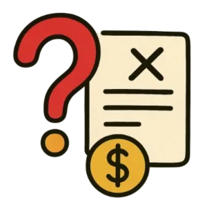 Cartoon-style document with an X, dollar sign, and question mark representing no cost for unsuccessful tax protests